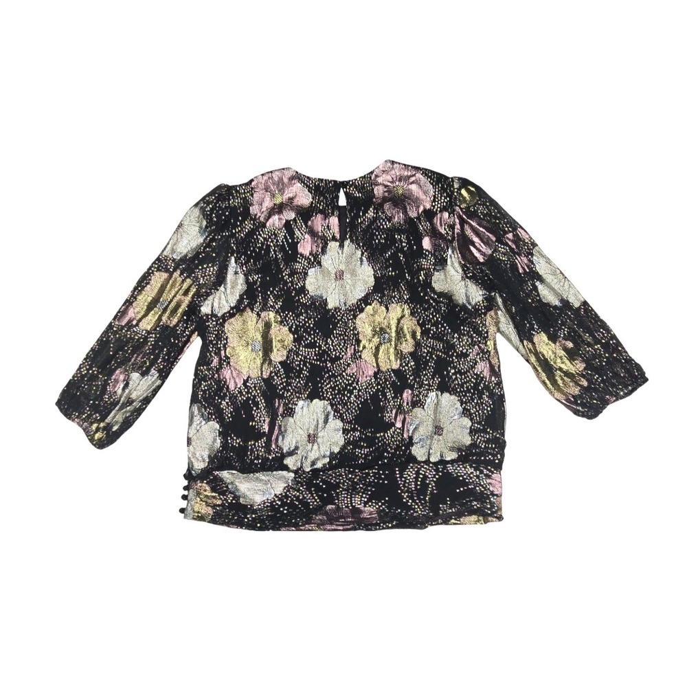 Hal Ferman Vintage 80s Metallic Floral Brocade Blouse Black Gold Silver Pink LG